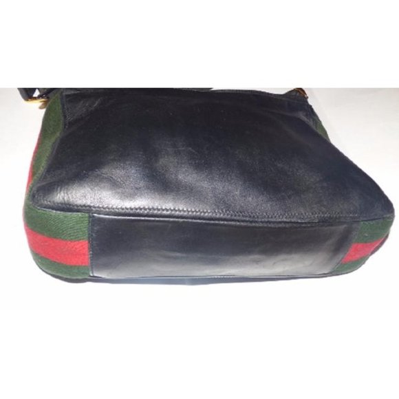 Gucci Vintage Hobo Black Leather Bag with Red Green Webbie Stripe - Picture 5 of 7